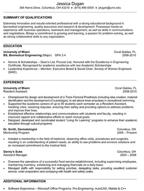 Undergraduate engineering resume